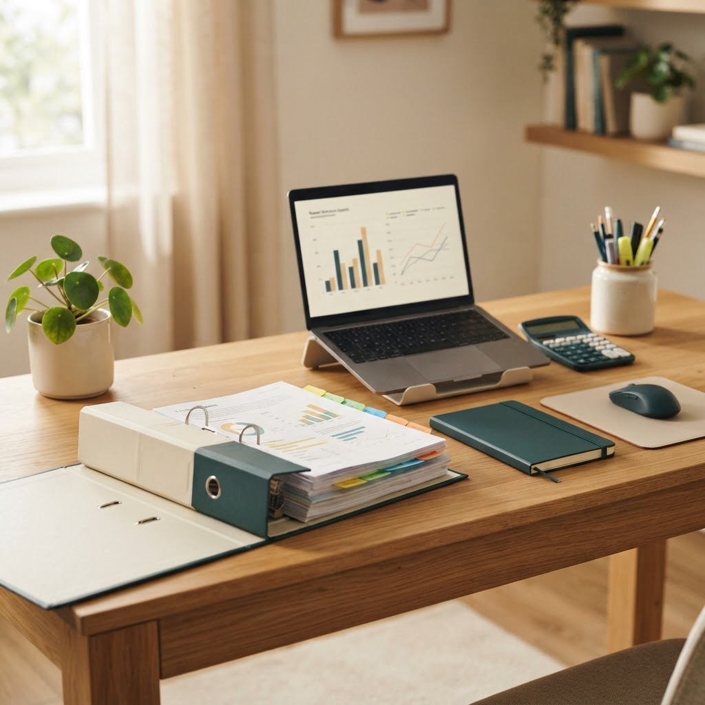 Organised financial binder, laptop and stationery on a tidy desk