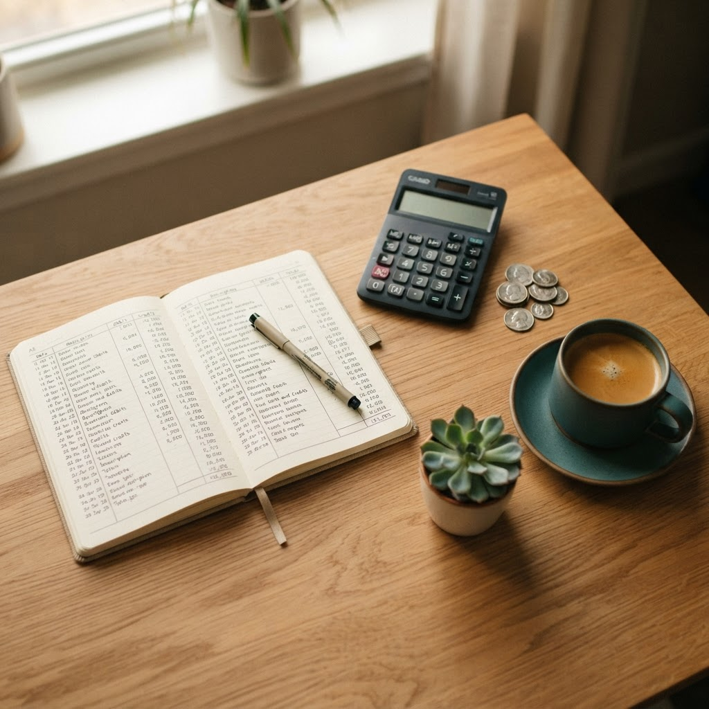 Organised bookkeeping desk with a ledger, calculator, coins and a small plant